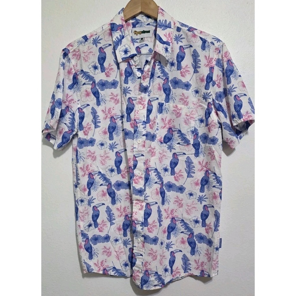 Tipsy Elves Hawaiian Shirt Men Lrg Toucans AOP Pink Blue Button Up Beach Vacay